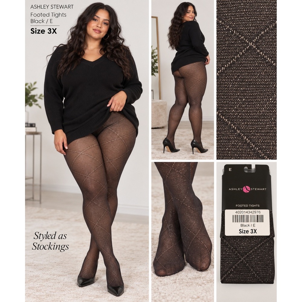 Ashley Stewart Black Silver Metallic Diamond Grid Footed Tights Plus Size E 3X